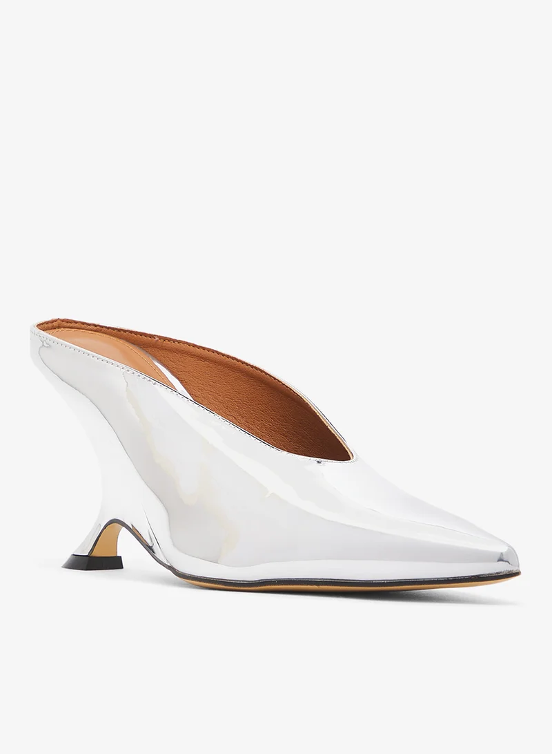 Namshi x Silver Silver Metallic Mid Heel Mules Statement Heel for Women | Best Price UAE